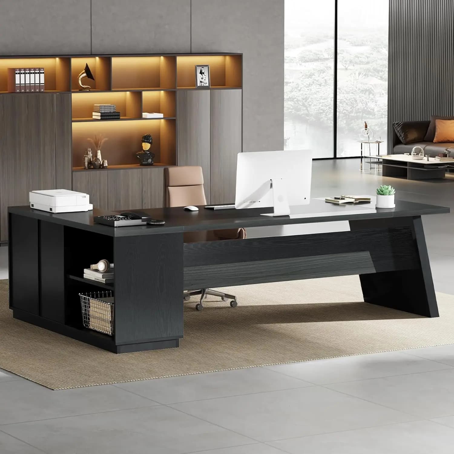 L-Shaped Executive Desk 78in Modern Office Desk with Drawers & File Cabinet Storage Shelves Home Office Furniture Customized