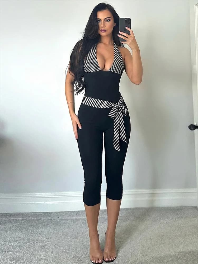 Kliou Tuta Intera da Donna con Patchwork a Righe, Halter con Laccetti, Scollo Basso, Schiena Scoperta, Senza Maniche, Aderente Elasticizzata, Stile Trendy