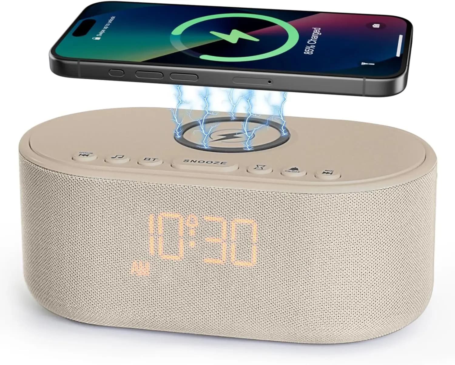 Alarm clock with wireless charging with Bluetooth speaker and 21 relaxing sounds for better sleep