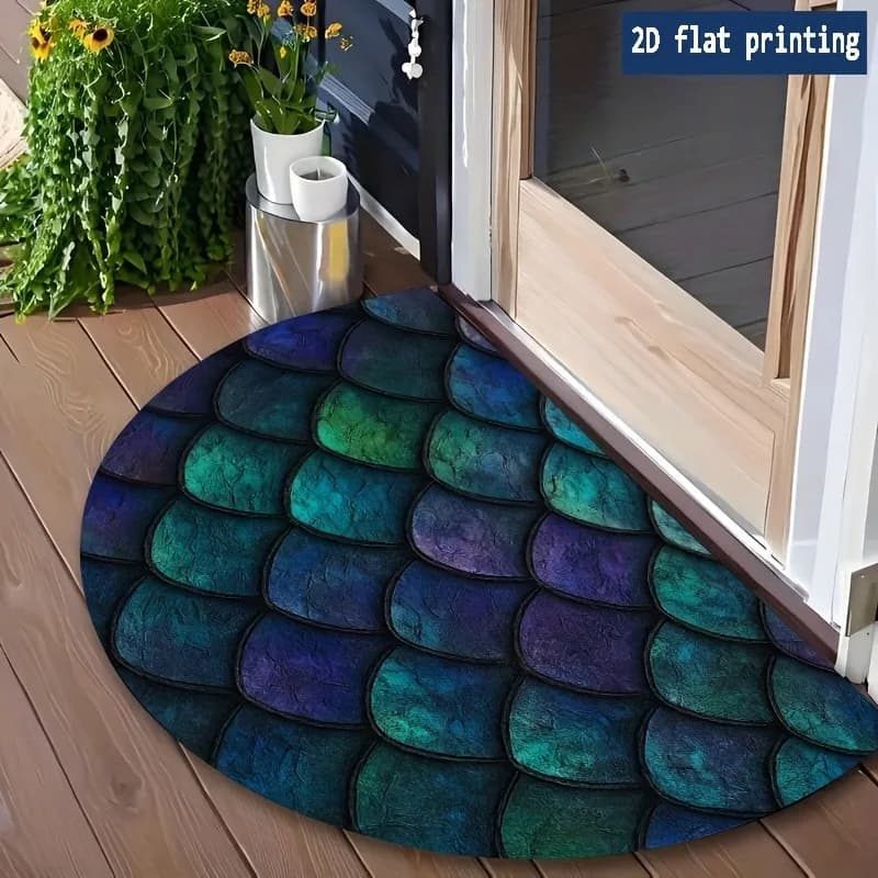 Tappeto d'ingresso semicircolare scintillante blu turchese e oro con squame, antiscivolo per interni/esterni, morbido come un tappeto