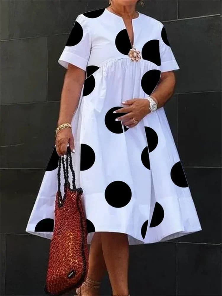 Uoozee Abito a trapezio a vita alta a pois oversize da donna 2025 Abiti estivi a maniche corte pieghettati eleganti da sera per feste