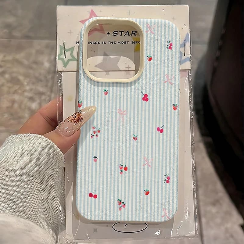 For Xiaomi 15T 14T 13T Pro 5G 14 15 13 Case Blue Striped Cherry & Strawberry Pattern Cover For Poco F7 F6 F5 X7 X6 X5 Soft Funda