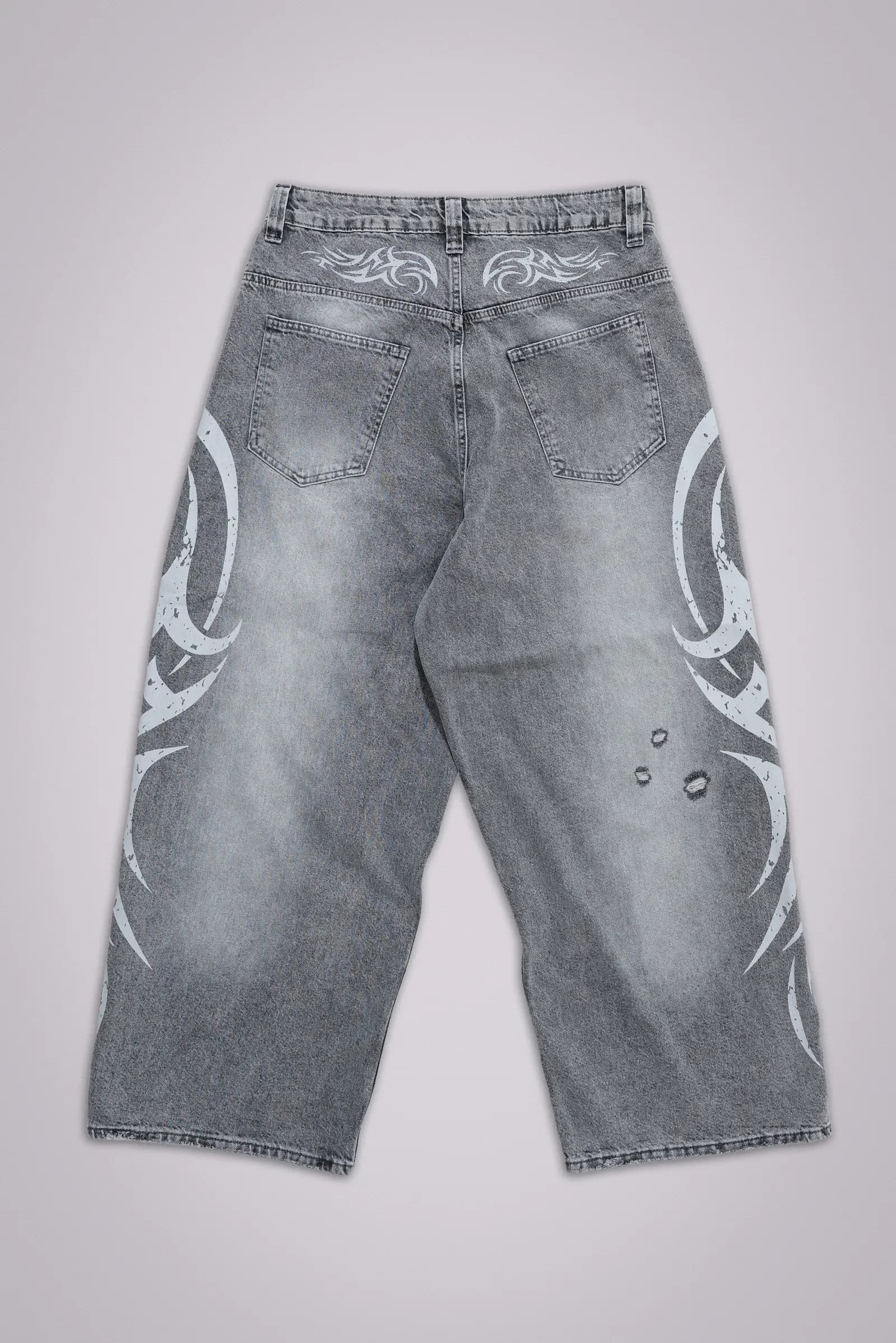 Vintage Grey Washed Tribal Totem Print Baggy Jeans Men Women Distressed Ripped Wide Leg Pants Y2K Floor Mopping Pants Streetwear