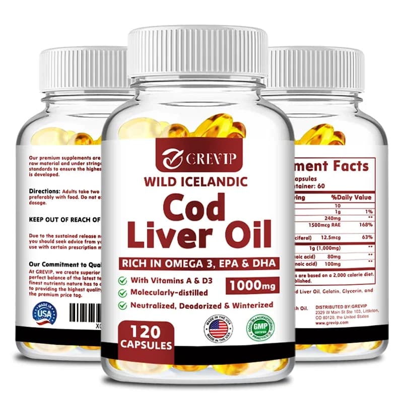Capsule di olio di fegato di merluzzo Olio di pesce Omega 3+ Vitamine A e D3, Sollievo dallo stress, Rafforzare il cervello, Migliora la memoria e l'intelligenza
