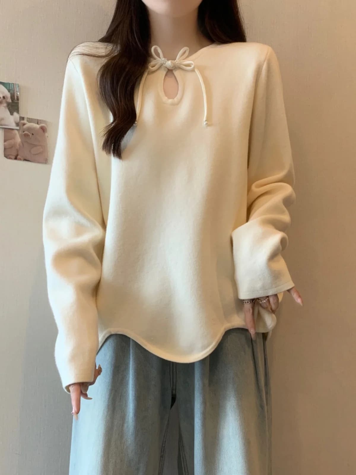 New Chinese Style Knitted Sweater Women's Autumn Winter plus Size Loose Meat Concealing Slimming Design Arc Bottom Soft Sweater