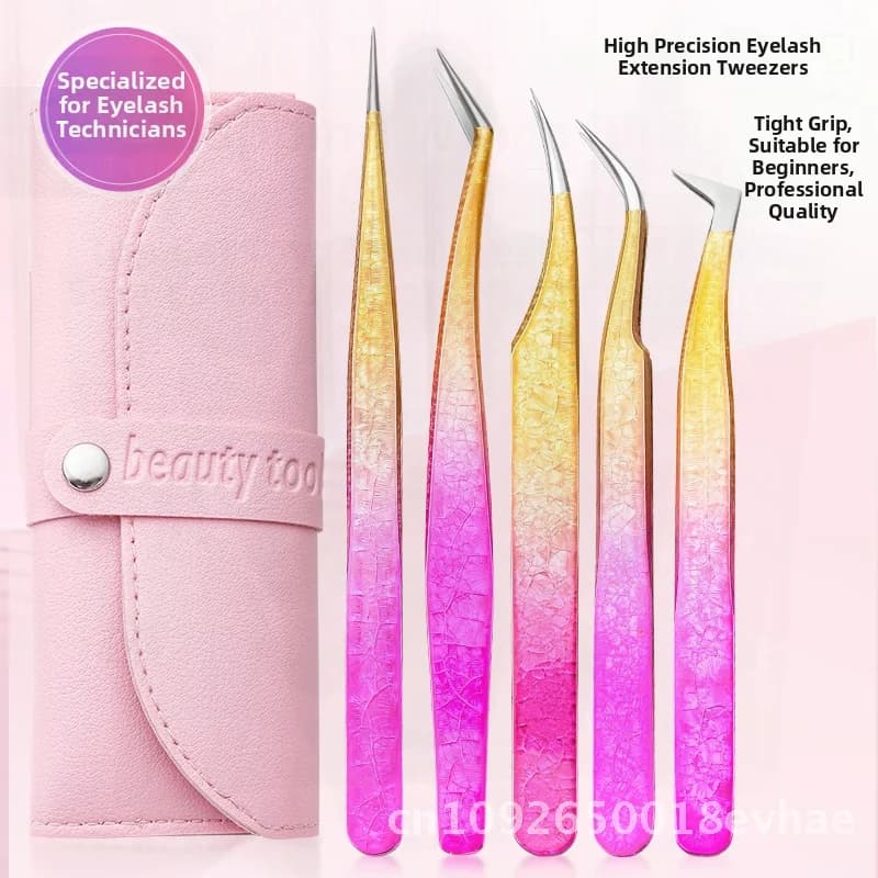 Set di Pinzette di Precisione in Acciaio Inossidabile per Ciglia Finte, Kit a Cinque Pezzi con Design Sfumato a Fiore di Ghiaccio Arancione per Nail Art e Innesto