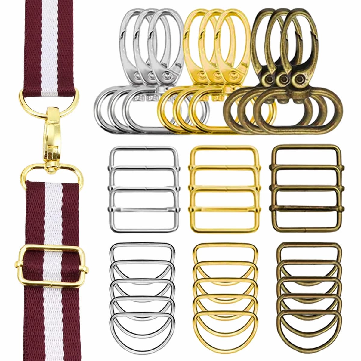 Set di 10/30 Pezzi per Creazione Borse: Anelli a D, Moschettoni Girevoli, Ganci a Scatto, Fibbie Scorrevoli, Regolatori per Cinghie - Accessori per Borse