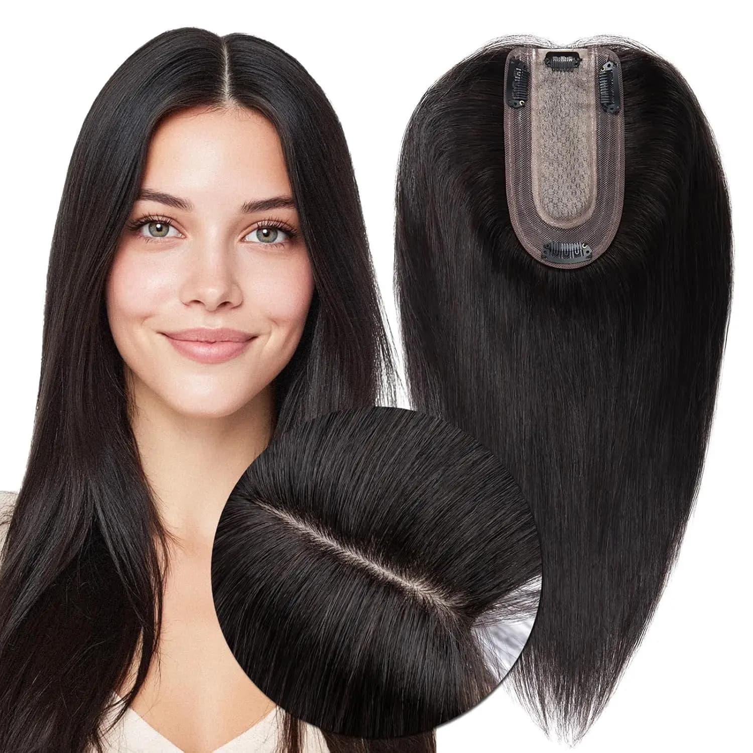 Topper per capelli da donna in vero capello umano senza frangia, base in rete 7*11 cm, con clip, per aggiungere volume, 30g