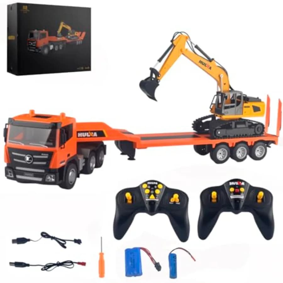 Set Giocattolo RC: Camion Semi-Rimorchio e Escavatore con Rimorchio Pesante, Trattore Telecomandato 2.4Ghz, Giocattolo da Costruzione