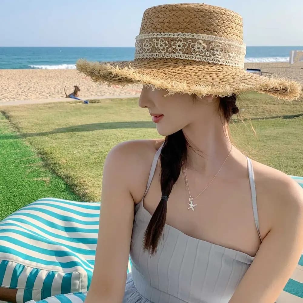 Sweet Tassel Edge Lace Flower Straw Hat Wide Brim Visor Weave Flat Cap Hollow Out Korean Style UV Protection Cap Summer