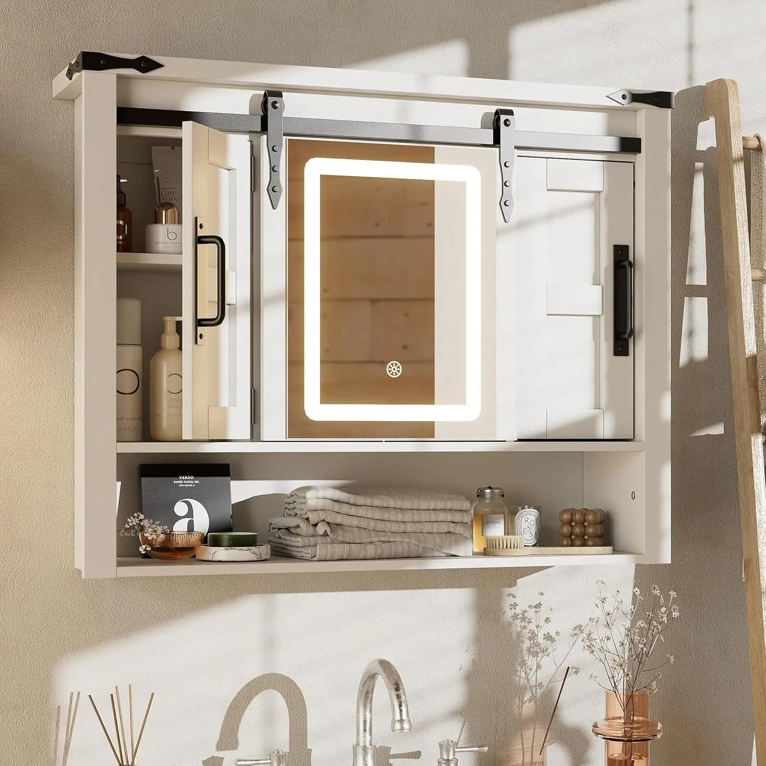Armadietto da parete per bagno in fattoria, specchio per armadietto dei medicinali con luci a LED, specchio scorrevole e ripiani regolabili, armadietto portaoggetti