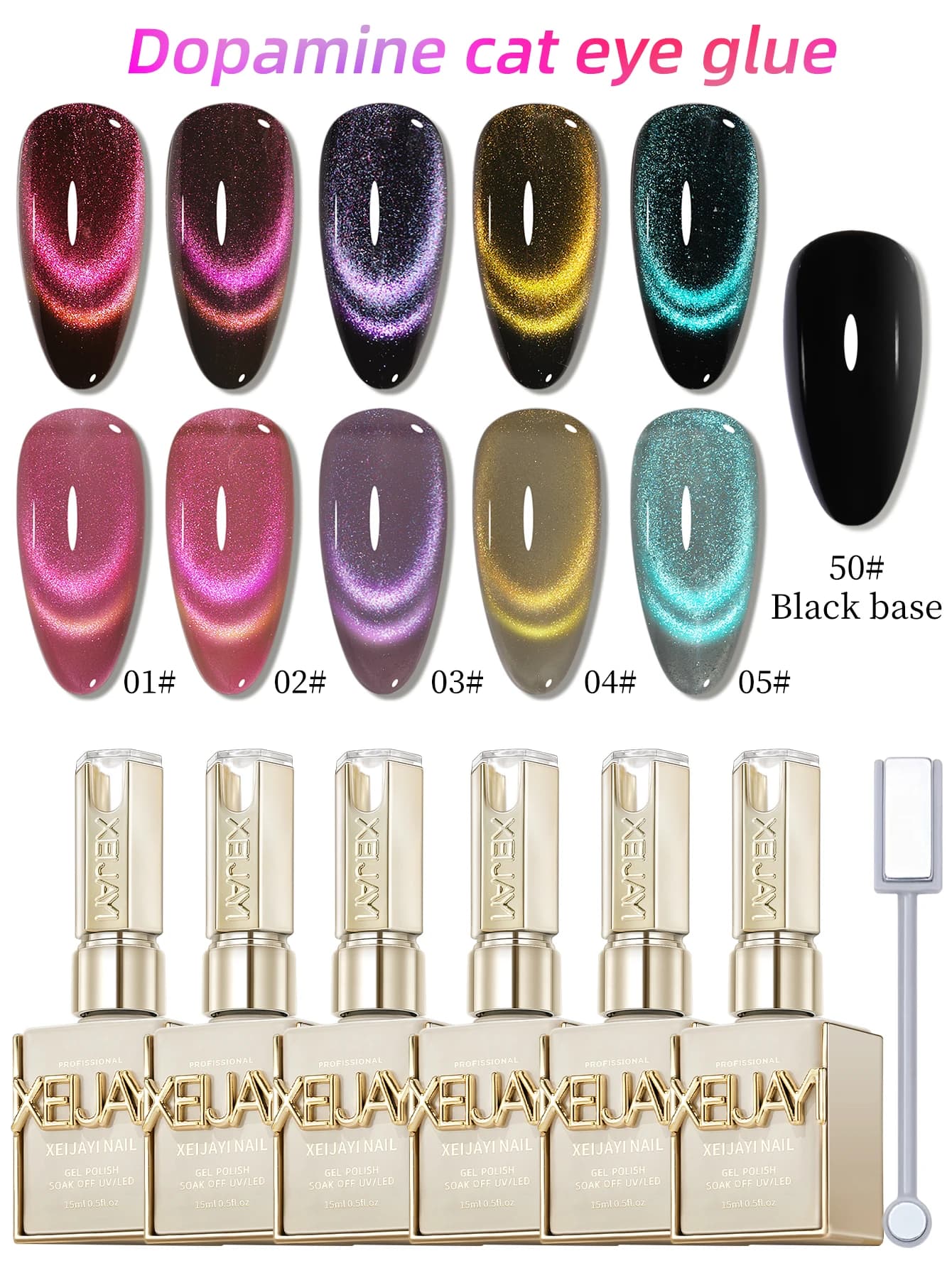 XEIJAYI Set di smalti gel per occhi di gatto da 15 ml, effetto traslucido scintillante per salone, occhi di gatto 5 colori con colore nero