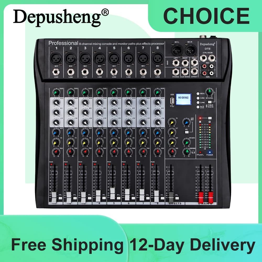 Mixer audio professionale Depusheng DT8 Canale Bluetooth USB 48V Console di missaggio Phantom per PC Amplificatore DJ Karaoke