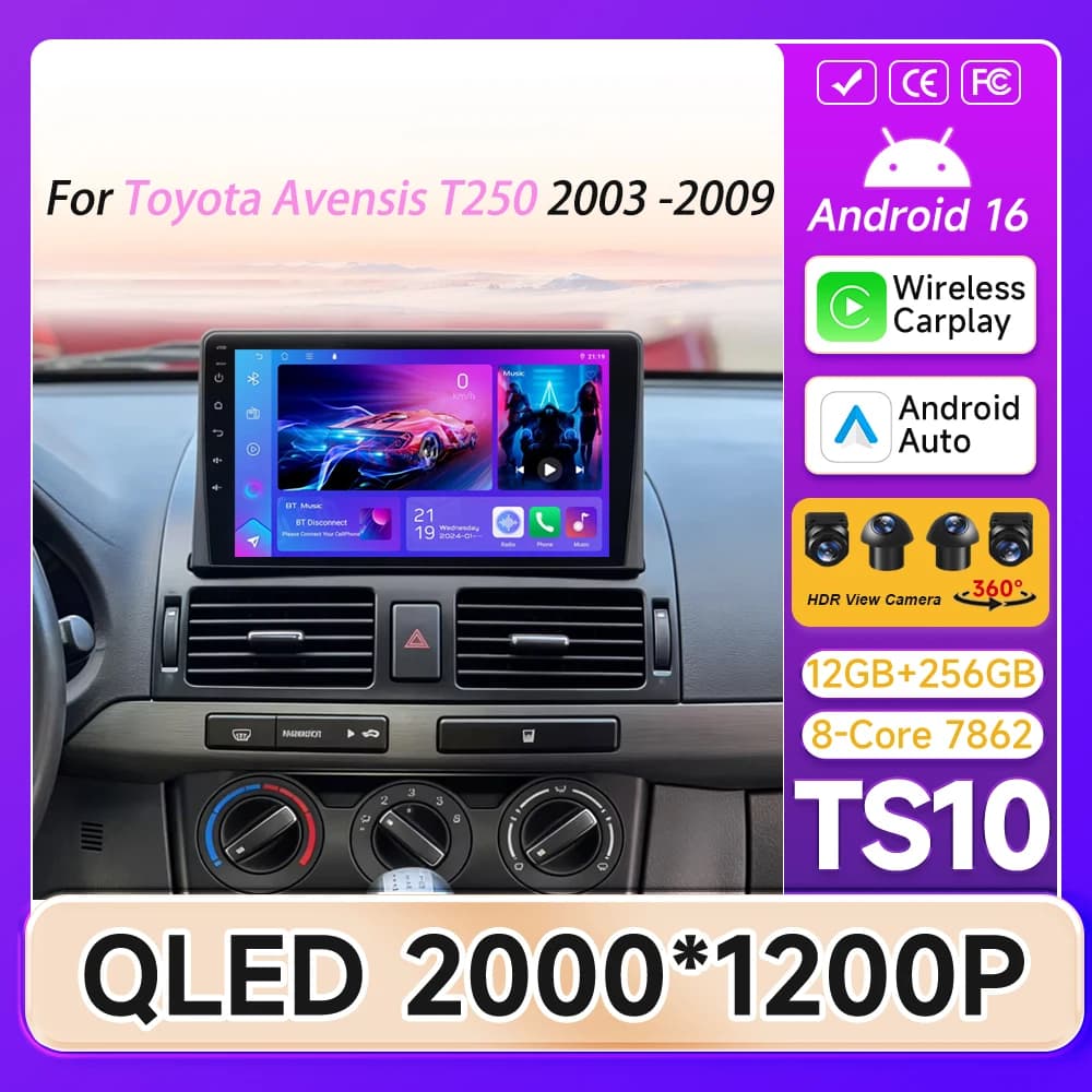 Carplay For Toyota Avensis T250 2003 -2009 Car Radio 5G Wifi GPS Navigation Automotive Multimedia Android 16 Screen 2k Display