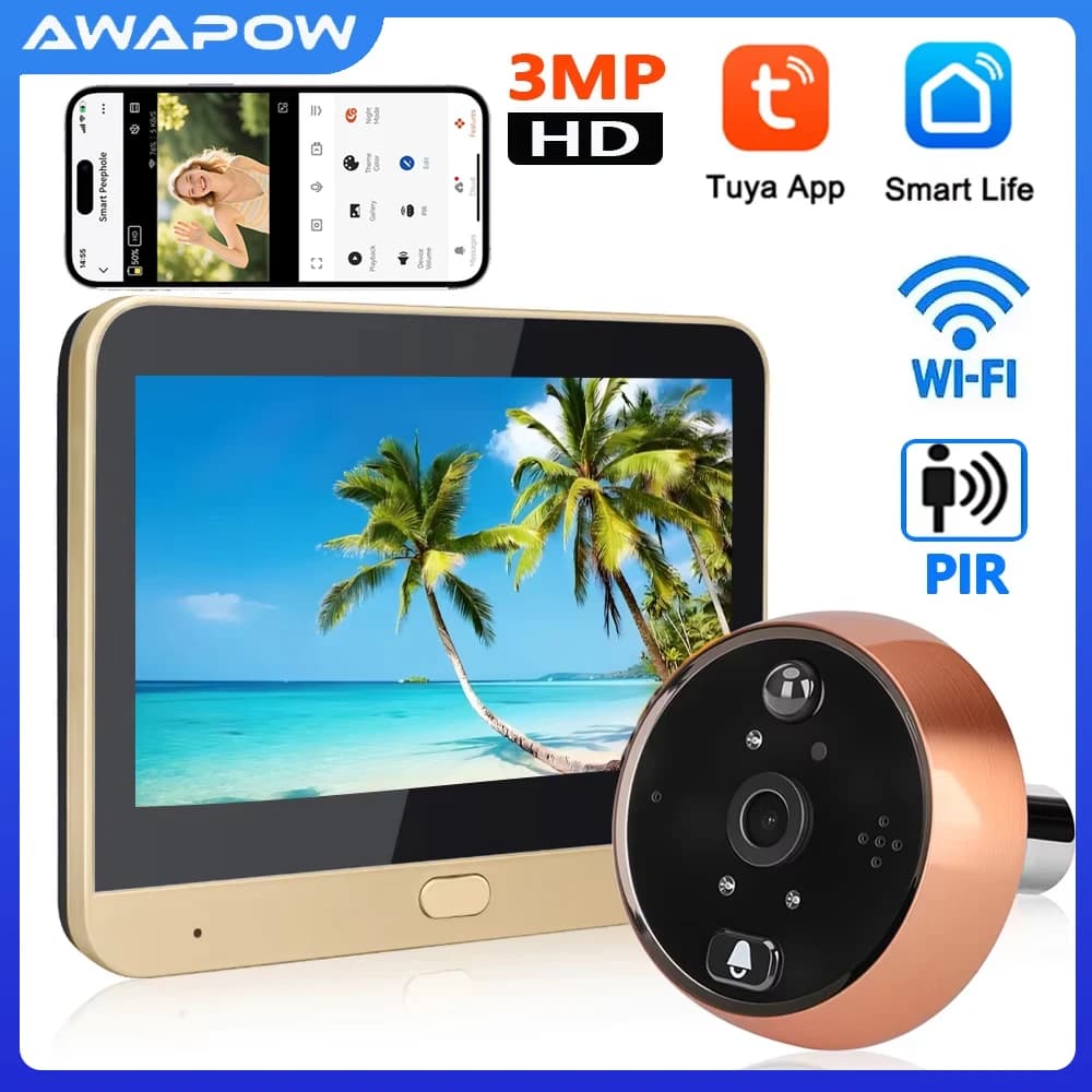 Awapow 3MP Smart Tuya Spioncino Videocitofono Campanello Wifi Citofono bidirezionale Telecamere per porte 1080P HD Rilevazione PIR per la sicurezza domestica