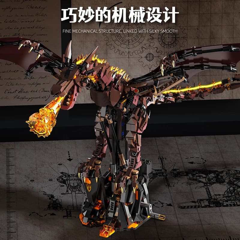 MOC Fiamme Drago Smaug Building Blocks Animale Drago del ghiaccio Modello Fuoco Respirazione Drago Mattoni Display da tavolo Giocattolo per i regali dei bambini