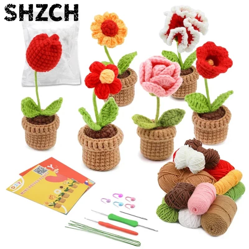3/6pcs Crochet Potted Flower Kit for Beginners with Video Tutorial Cotton Knitting Yarn Thread Needles Hooks Knit Tool Set