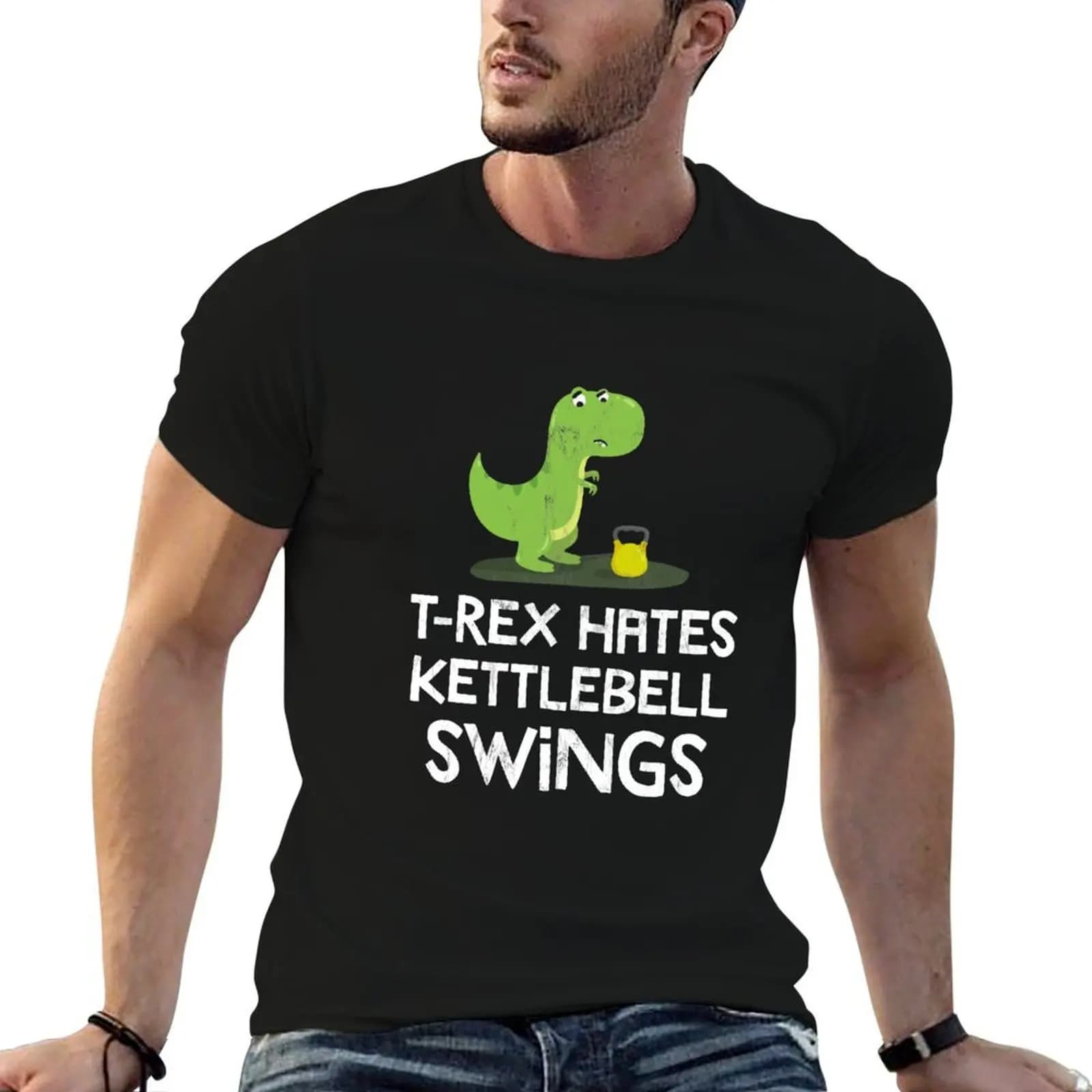 T-shirt da uomo con design divertente di dinosauro da palestra, Rex Hates Kettlebell Swings, t-shirt da uomo di design, t-shirt grafiche da uomo