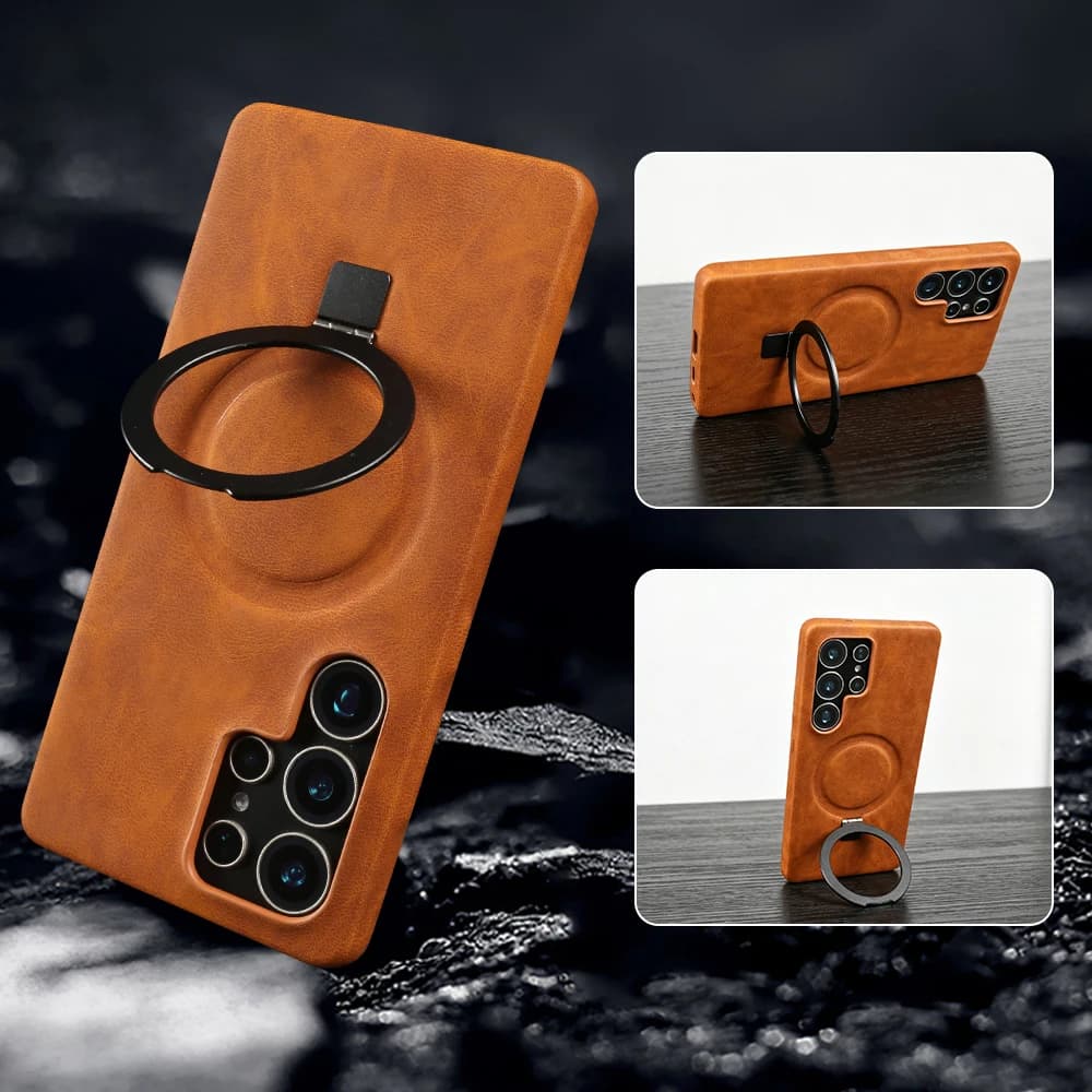 For Magsafe Bracket Ring Phone Case For Samsung Galaxy S26 Ultra S25 Edge S24 Plus S23 FE S22 S21 Leather Case Back Cover Fundas