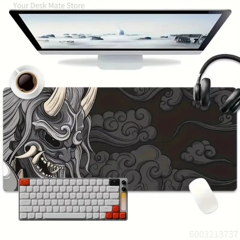 Tappetino per mouse da gaming con maschera giapponese Oni Hannya, tappetino da scrivania grande ed esteso, motivo tradizionale a nuvole, base antiscivolo