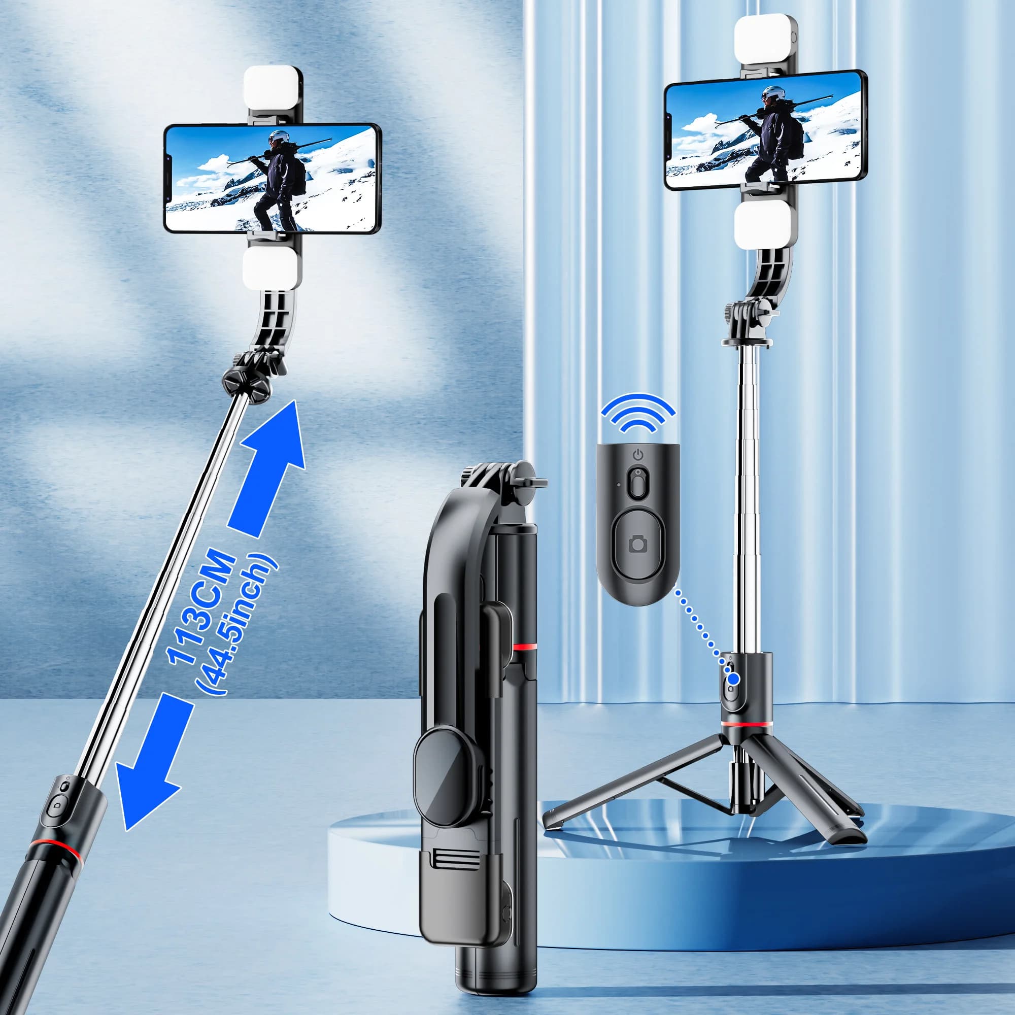 L13d Wireless Folding Bluetooth Filling Light Tripod Selfie Stick 1160mm Triple Stabilizer for Android Mobile IOS