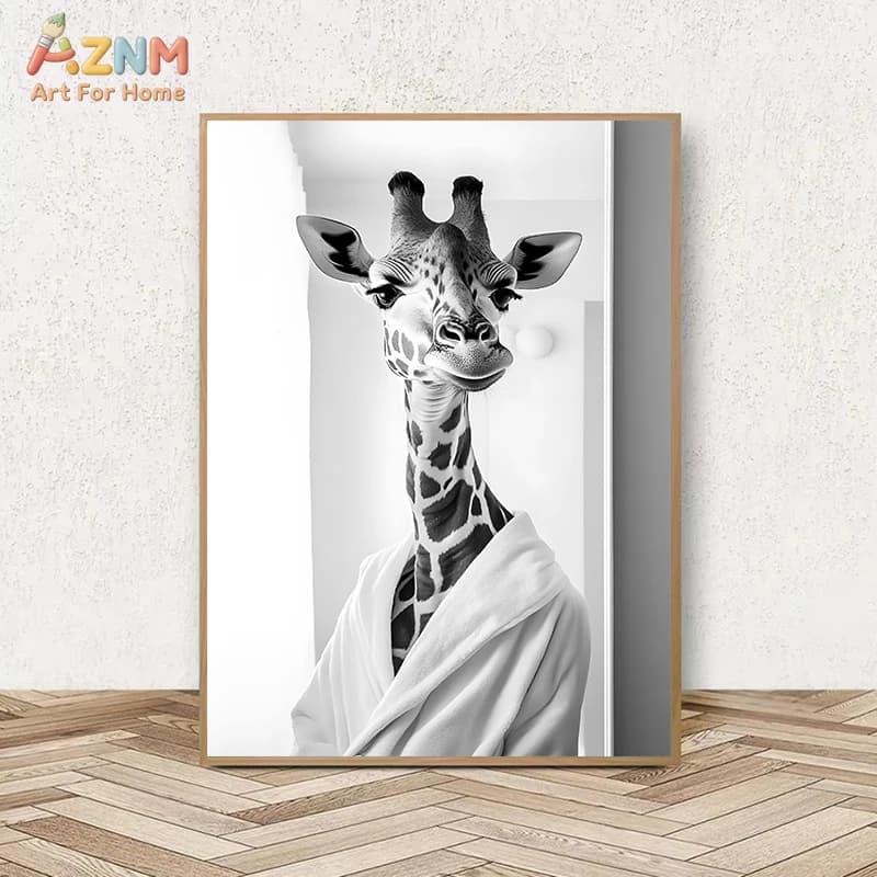 AZNM Stampa su tela senza cornice con giraffa divertente che indossa un accappatoio, stampa di ritratto di animale in bianco e nero, simpatico poster umoristico con giraffa