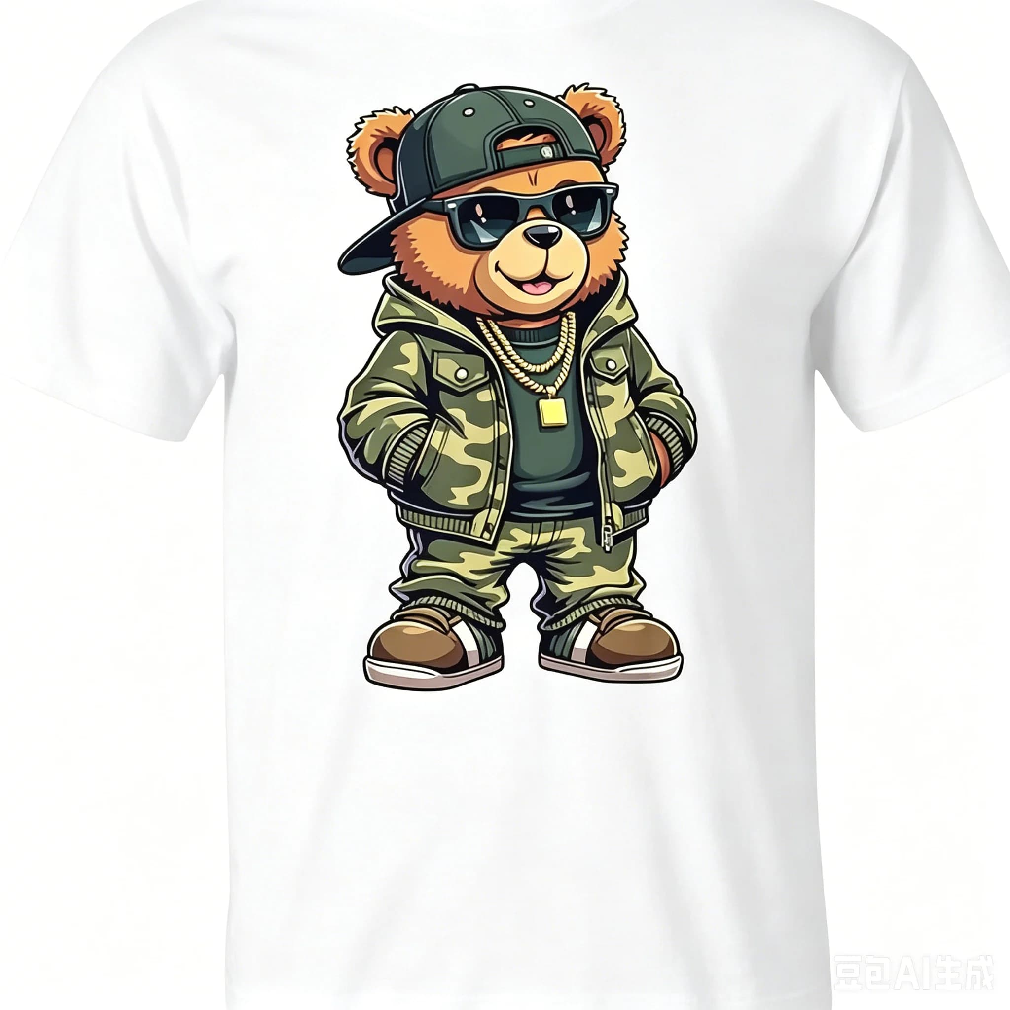 Hip Hop Camo Teddy Bear with Sunglasses and Gold Chain Streetwear Graphic T-Shirt, Black Cotton Crew Neck Urban Swag Tee