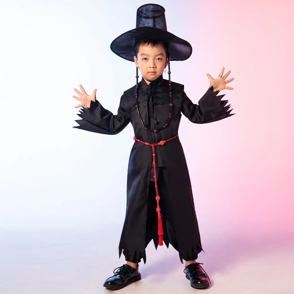 Set di costumi per spettacoli cosplay neri per bambini per K-POP Sagas Boy Qin Yu Man Adolescenti Halloween Party Anime Vestiti Abiti