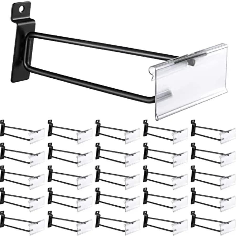 Ganci per Slatwall da 8 Pollici con Portaetichette, Accessori per Pannelli Slatwall, Ganci in Metallo Nero per Garage, Negozio, Retail