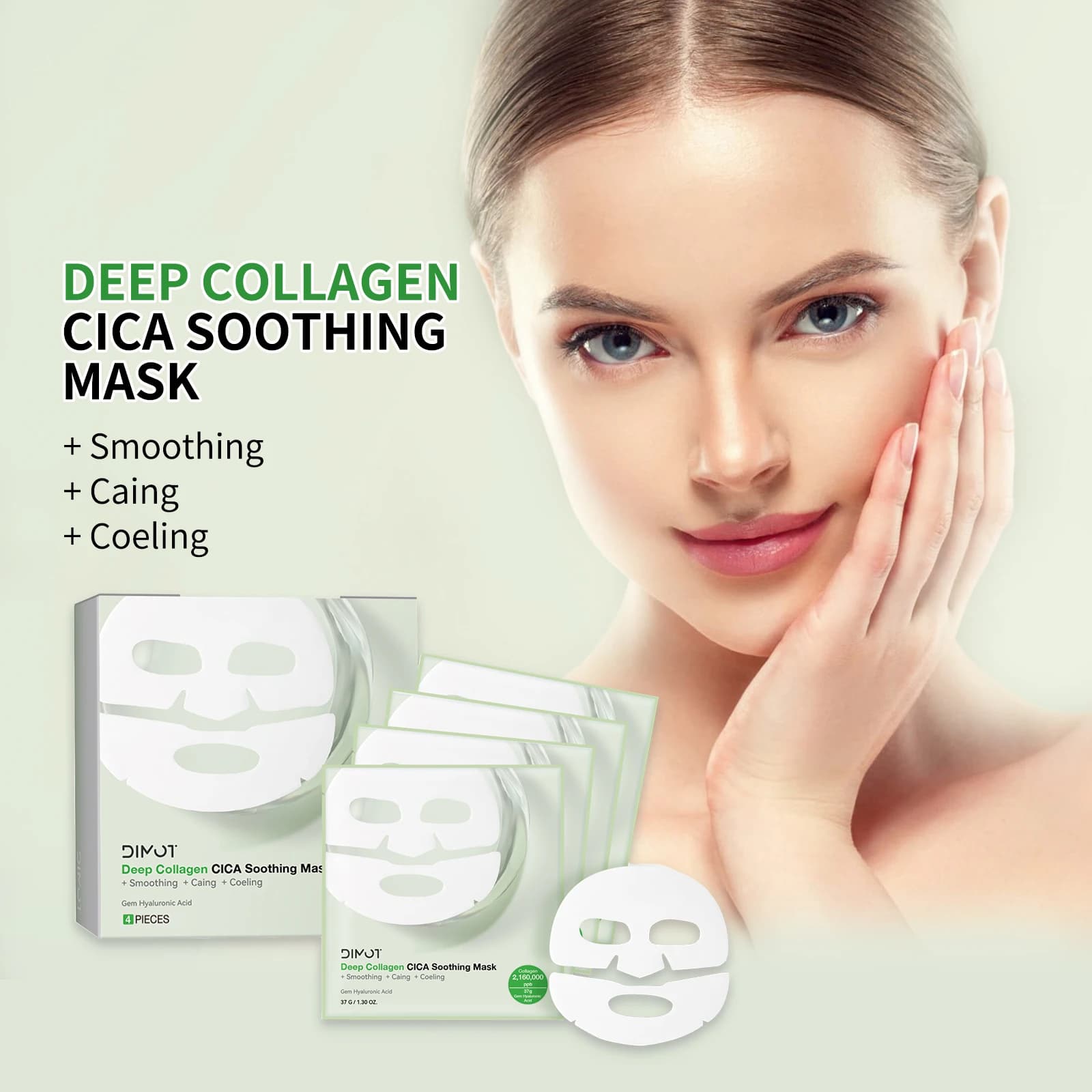 Pack of 4 face masks illuminating deep collagen with hyaluronic acid and Centella Asiatica – Skin care soothing and moisturizing