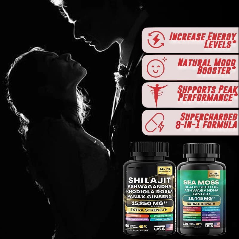 Integratori per la performance maschile (2 pezzi), migliorano resistenza e vigore, integratore naturale per il potenziamento maschile con Shilajit e alghe marine.
