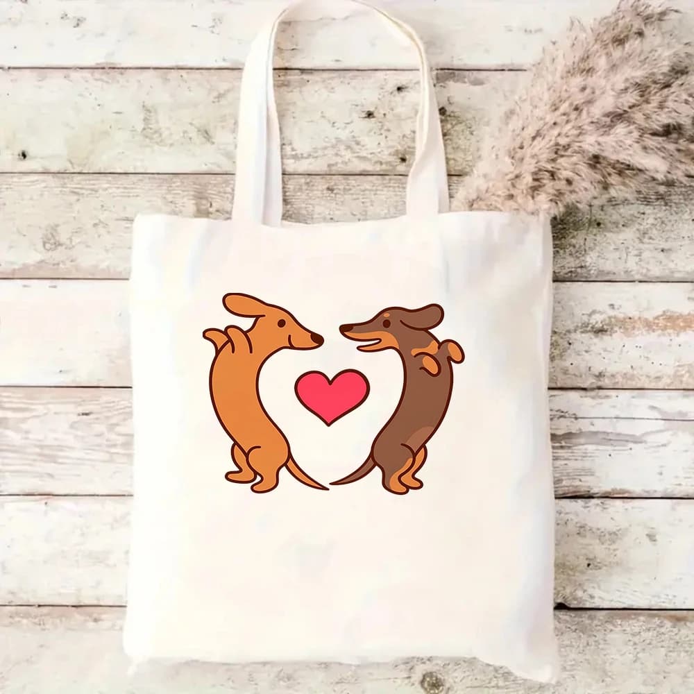 Cute Dachshund Canvas Tote Bag Funny Wiener Dog In Love Printed Shoulder Handbag Large Capacity Casual Eco Reusable Shopper Bags