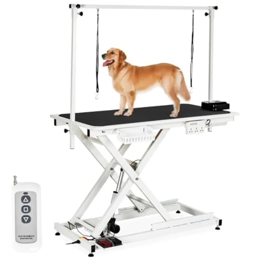 Tavolo Elettrico da Toelettatura per Cani da 50 Pollici, Regolabile in Altezza, per Uso Domestico, Postazione di Lavaggio per Animali Domestici Resistente con Braccio, Piano Portatile Antiscivolo per Attrezzi