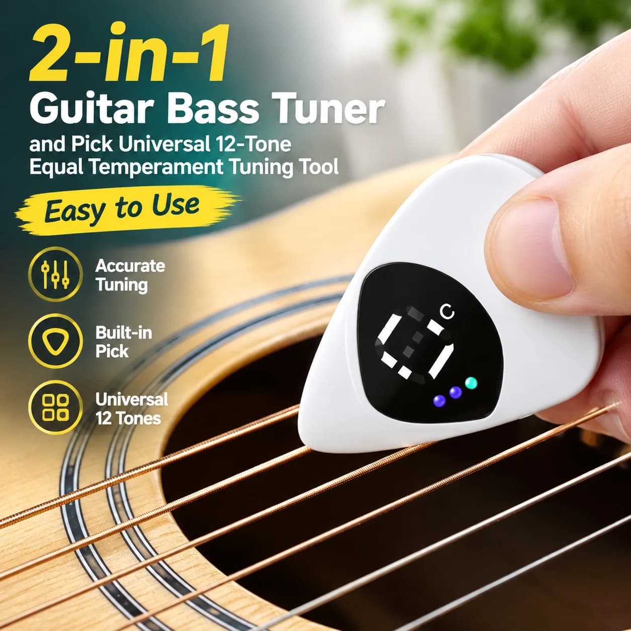 2-in-1 Guitar Bass Tuner and Pick Universal 12-Tone Equal Temperament Tuning Tool Easy to Use