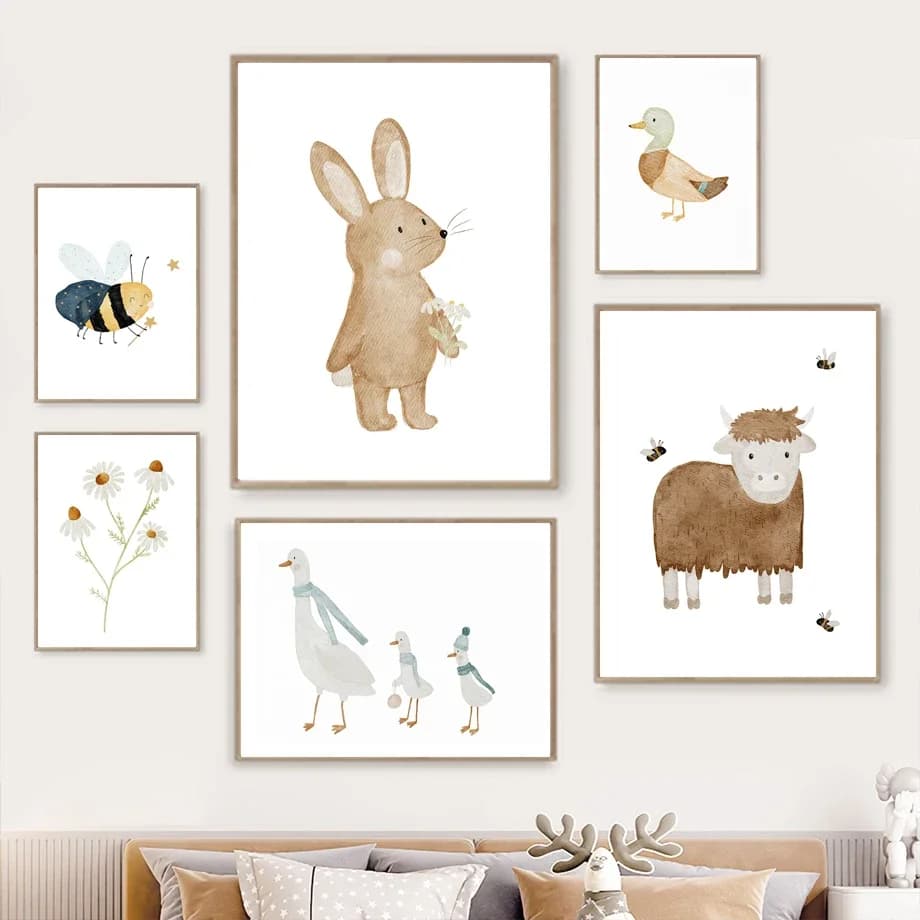 Boho Rabbit Duck Bee Dog Goose Flower Rainbow Nursery Wall Art Children's Prints Poster Canvas Painting Pictures Kids Room Decor