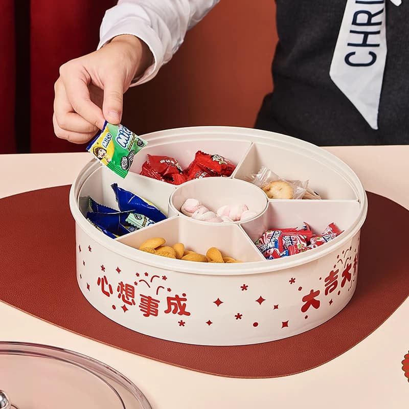 Piatto per snack con frutta secca a 5 scomparti, vassoio per snack e verdure con coperchio e mano