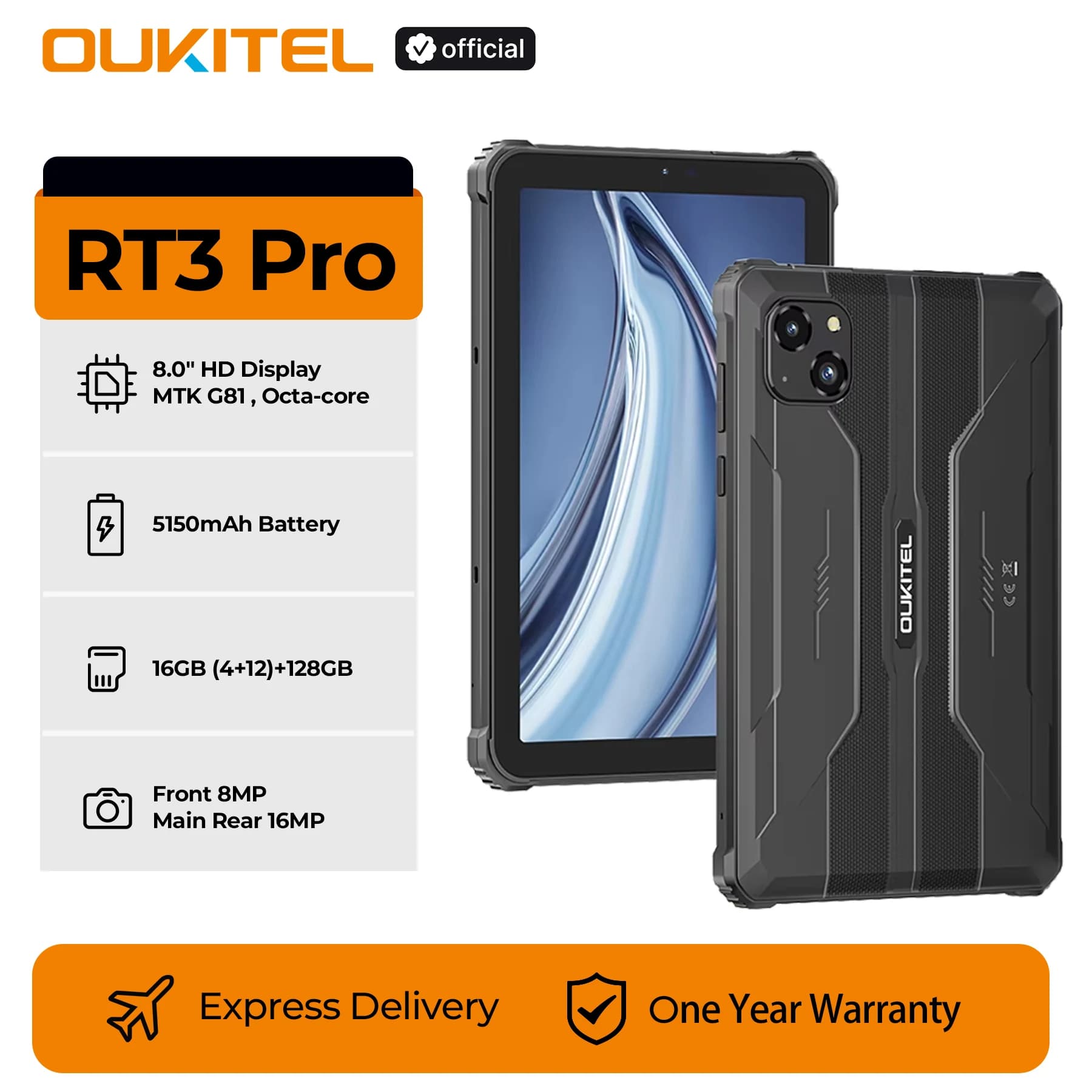 Batteria Oukitel RT3 PRO 5150mAh 16GB+128GB Display HD da 8" Profilo ultrasottile da 13,9 mm IP68, IP69K e MIL-STD-810H
