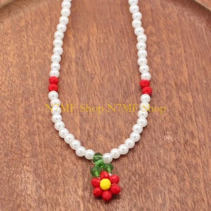 N7mf Boemian Seme Fabric Handmade Pearl Necklace Colorful Pearl Collar