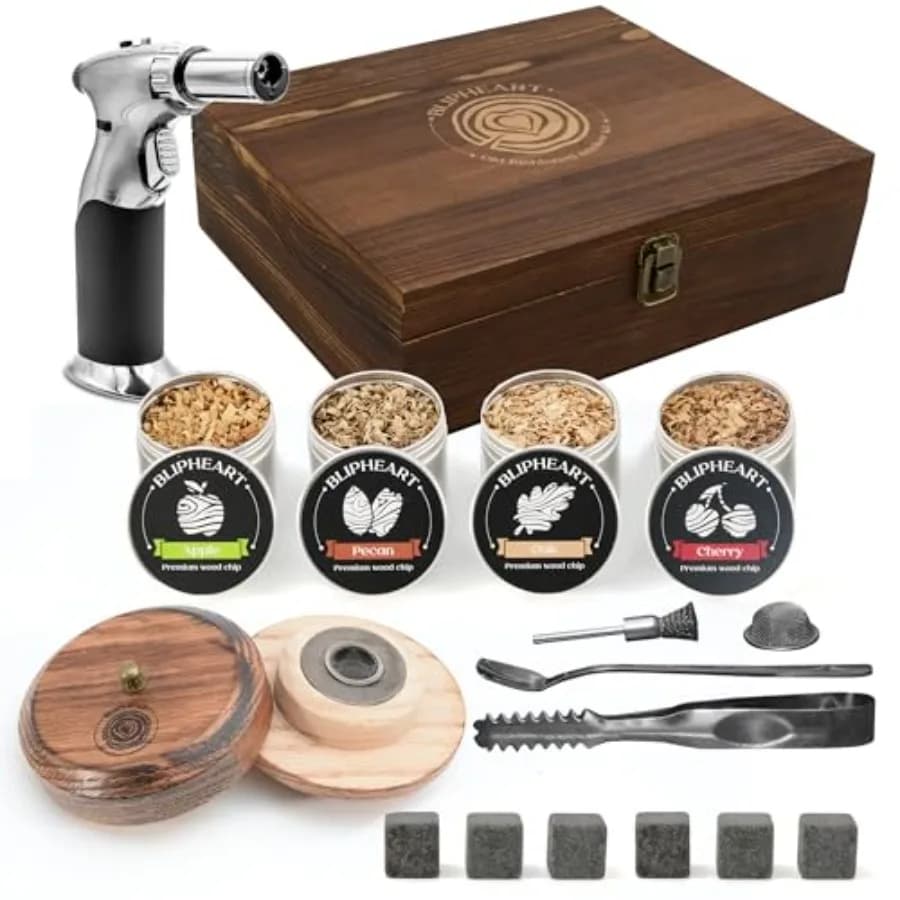 Kit Affumicatore per Cocktail con Torcia - Set Completo Premium da 19 Pezzi per Affumicatura di Whisky e Bourbon - Strumenti Professionali da Bar con Legno C