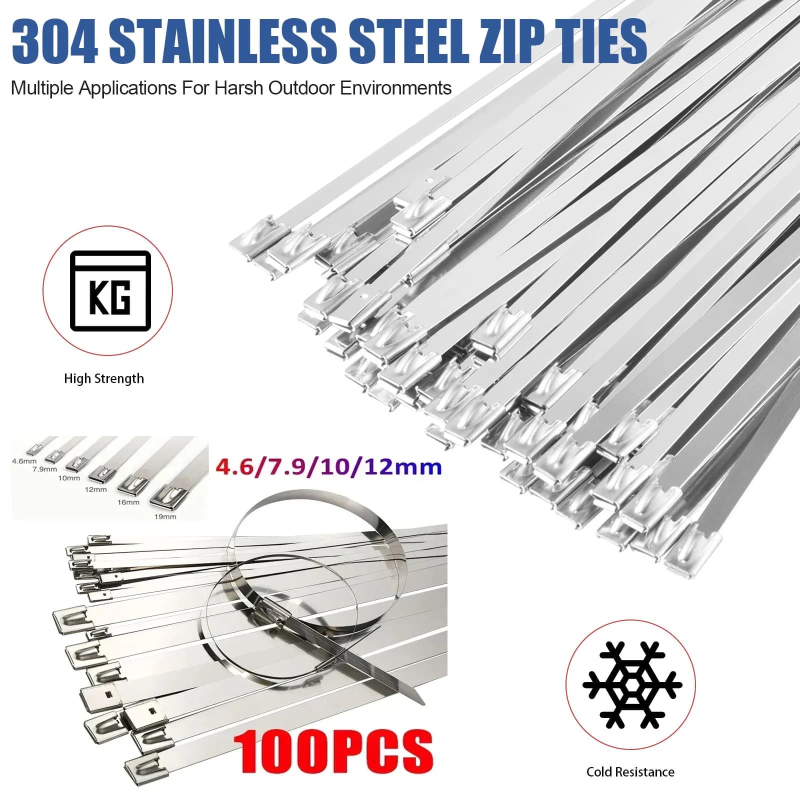 Fascette per cavi in acciaio inossidabile 304 100 pezzi 4,6/7,9/10/12 mm di larghezza Fascette per cavi autobloccanti con cerniera in metallo rivestito multiuso