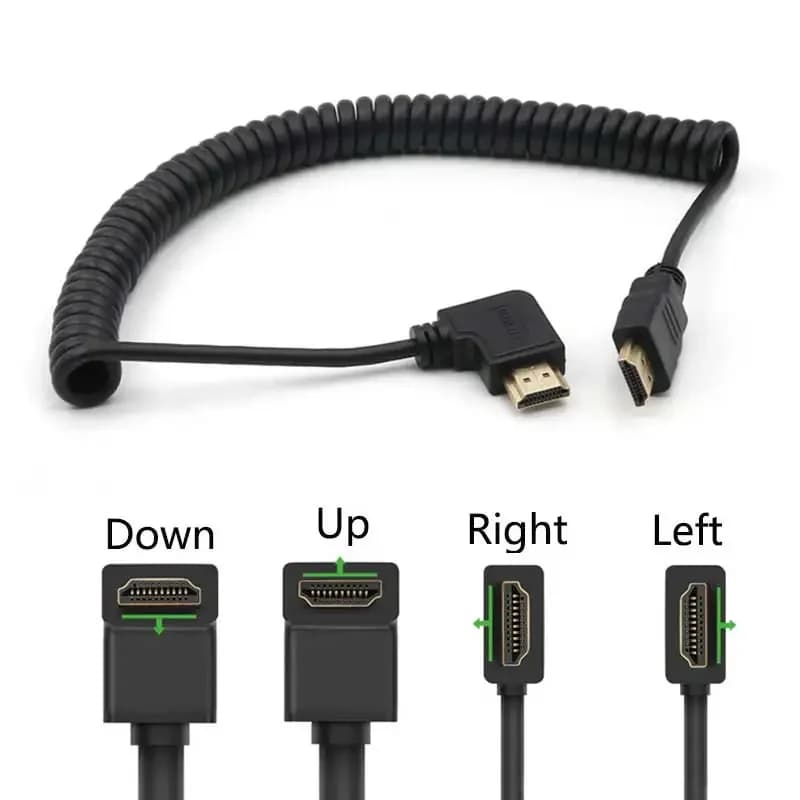 Elastic spiral HDMI cable compatible with HDMI, male to male, V1.4 1080P 3D, pure copper, with angled connectors left and right, 2.0 m