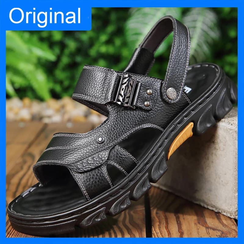 Sandali da uomo estivi nuovi, casual da esterno, leggeri, da spiaggia, con punta aperta, in pelle traforata, traspiranti e comodi