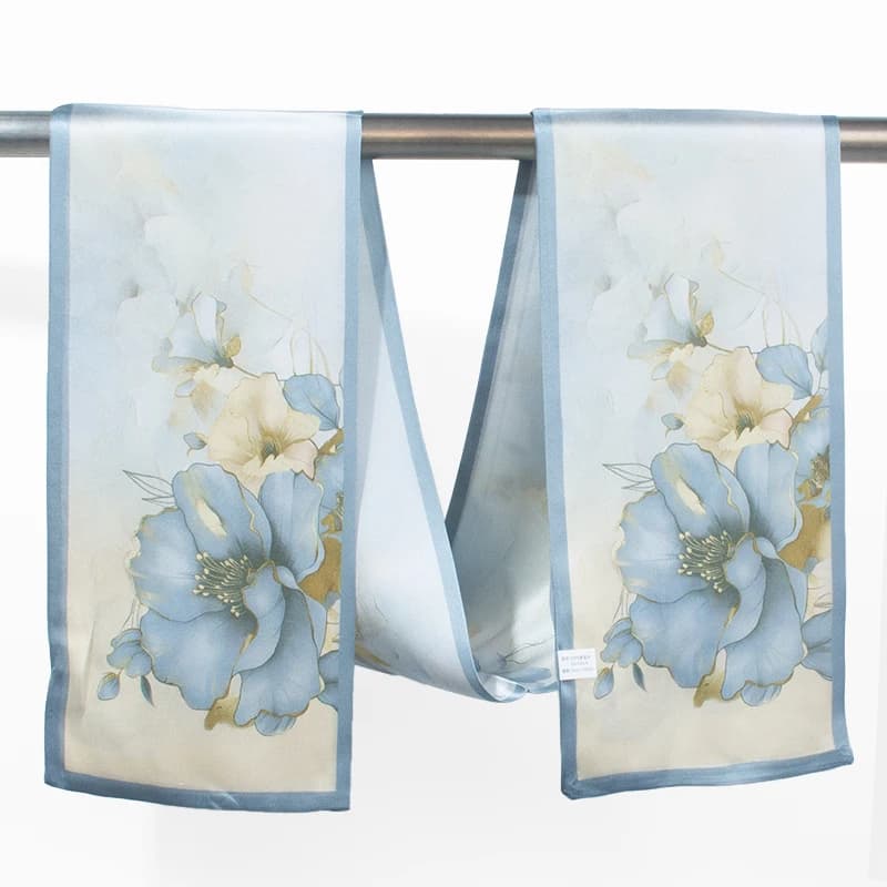 Light Blue Ink Floral Printed Silk Scarf, Luxurious Women's Scarf, Fashionable Headband, Tie, Belt Accessories