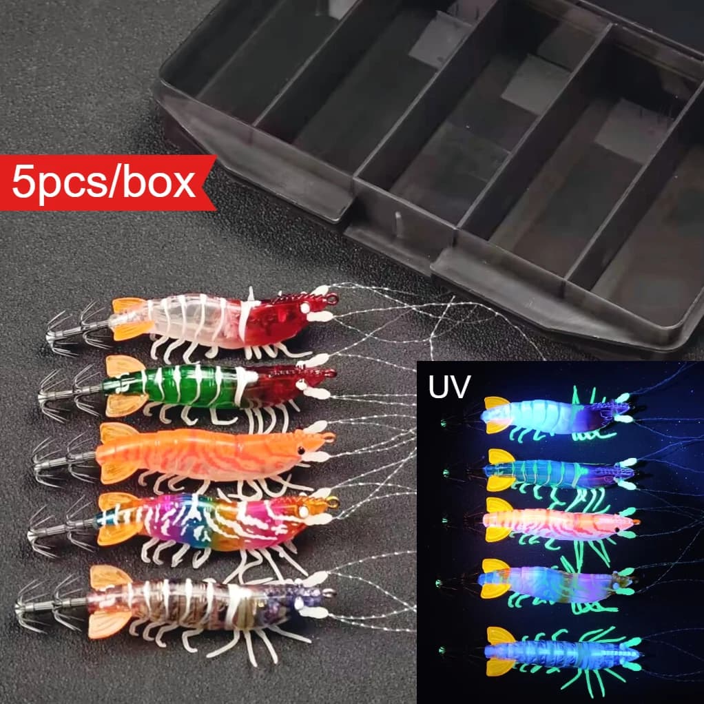 Set of 5 horizontal artificial baits in the shape of shrimp and squid (Egi) with toolbox, 8 cm, bright, realistic, for fishing shrimp, cuttlefish and octopus, with UV protection