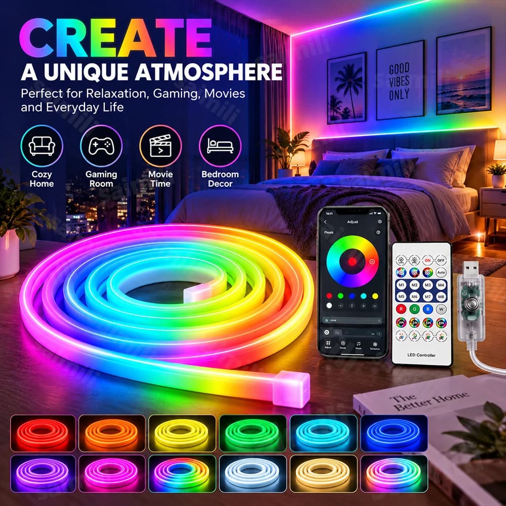 Flexible RGBIC LED Neon Rope Light USB Bluetooth APP Control Multi‑Color Dynamic Music Sync Strip For Home Party Holiday Decor