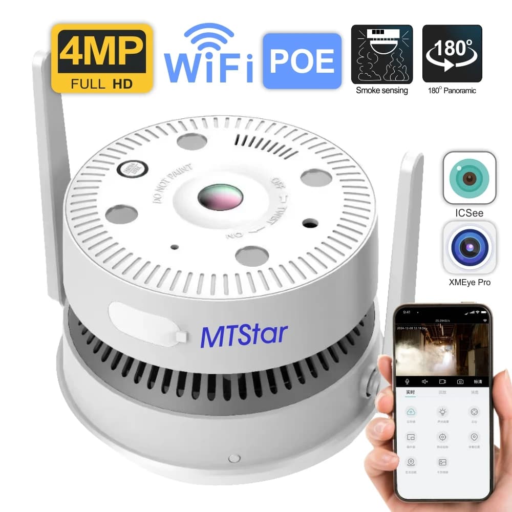 Rilevatore di fumo MTStar 4MP AL con telecamera POE 180 ° Wide Angel View Rilevamento intelligente del fumo Avviso in tempo reale Cucina ONVIF Ristorante