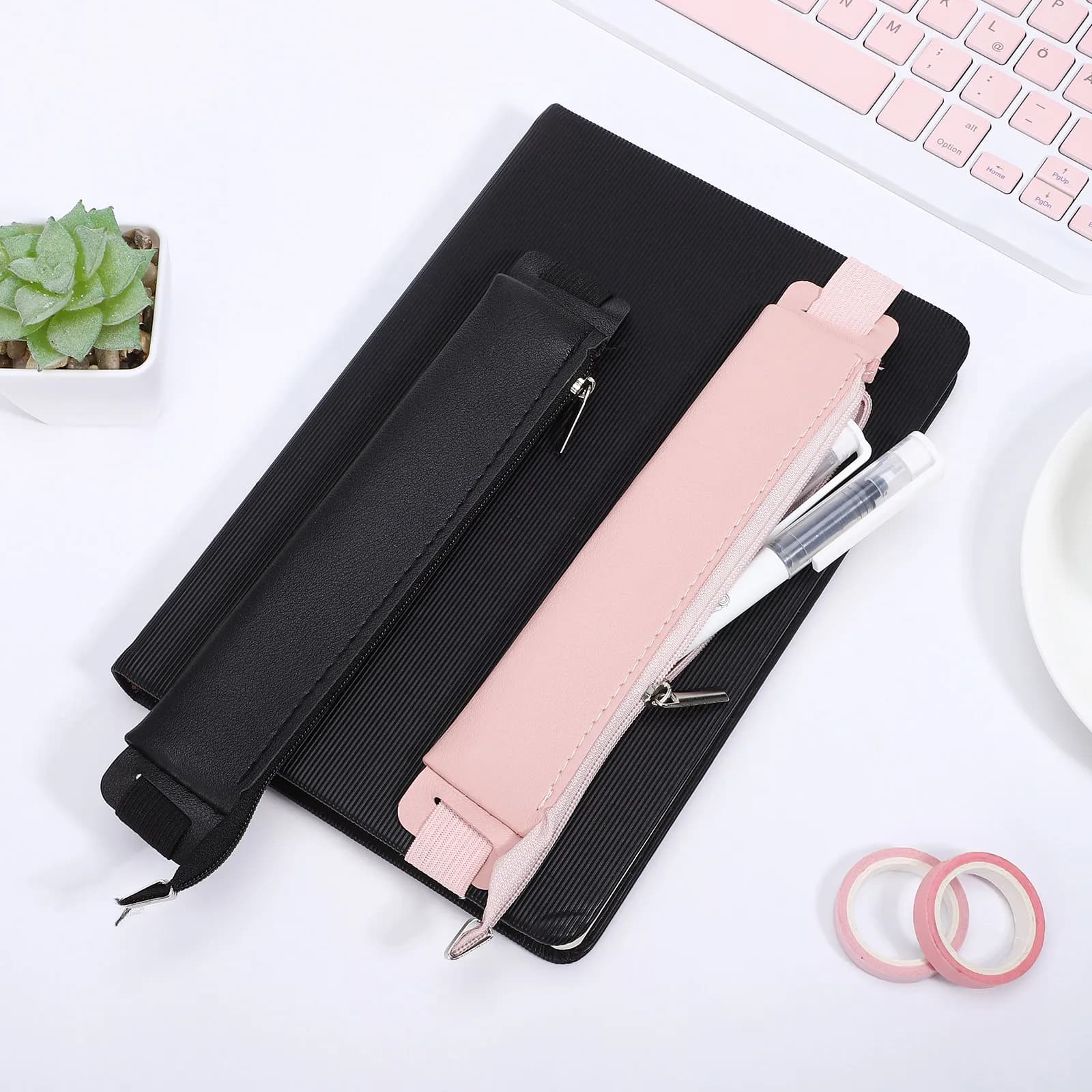 2 portapenne piccoli con cerniera, organizer per cancelleria, astuccio per matite, per agenda, quaderno, portatile, carino, rosa, per ufficio e scuola