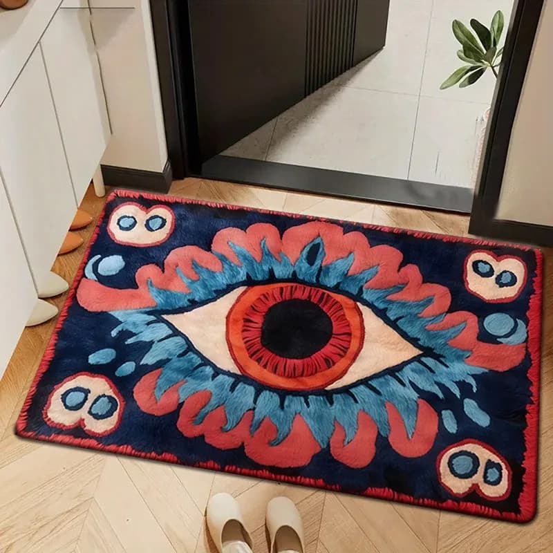 Boho Mystic Art Style Deep Navy mat Evil Eye Floral Surround Tufted Pattern Print Non Slip Front Entryway Decor Doormat