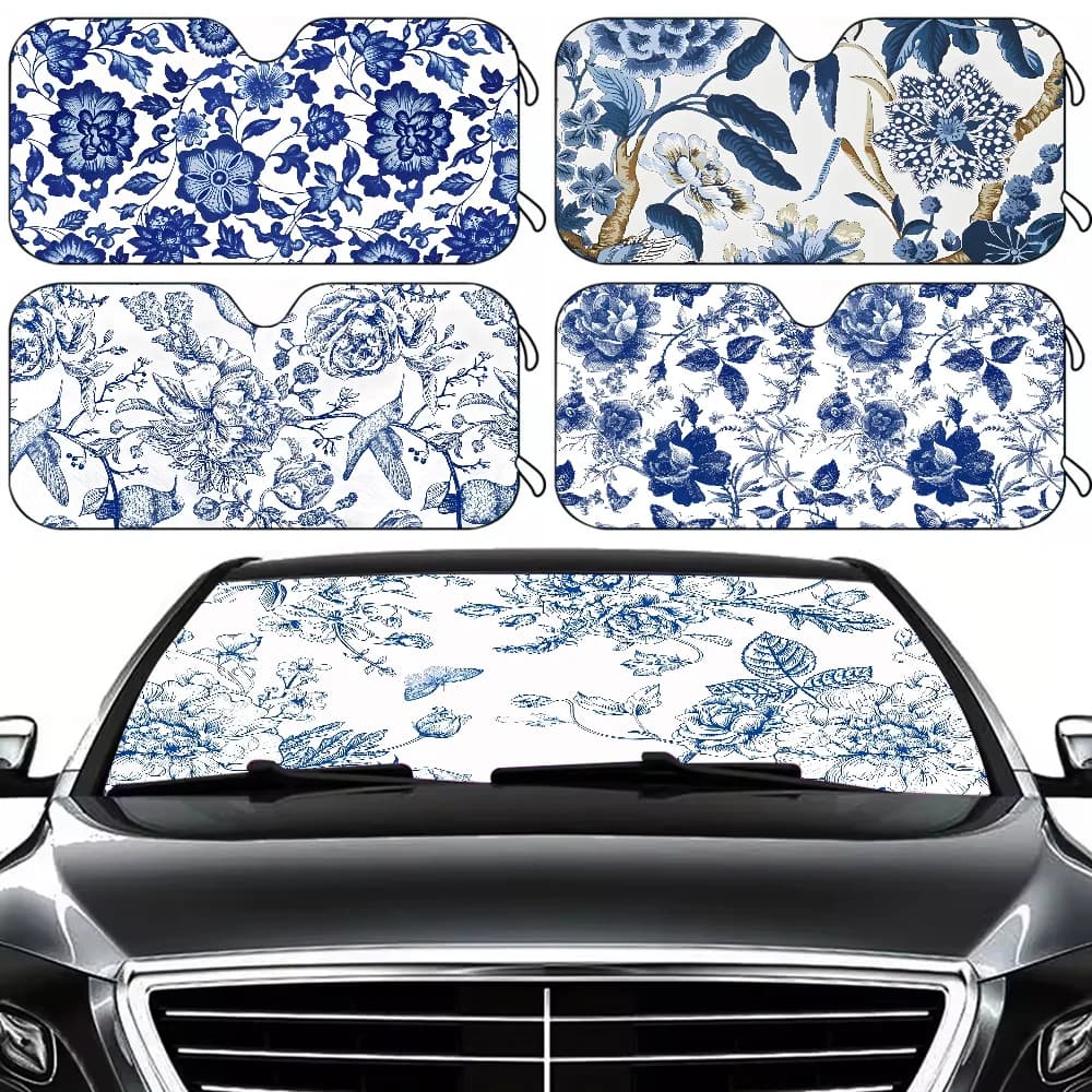 Parabrezza estivo per auto con fiore blu, protezione UV pieghevole, copertura per parabrezza con blocco del calore