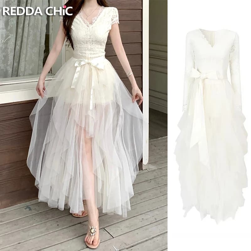ReddaChic Abito da Donna con Gonna in Tulle, Maniche Corte, Scollo a V in Pizzo, Mini Abito Aderente Stile Lolita Fiabesco per l'Estate